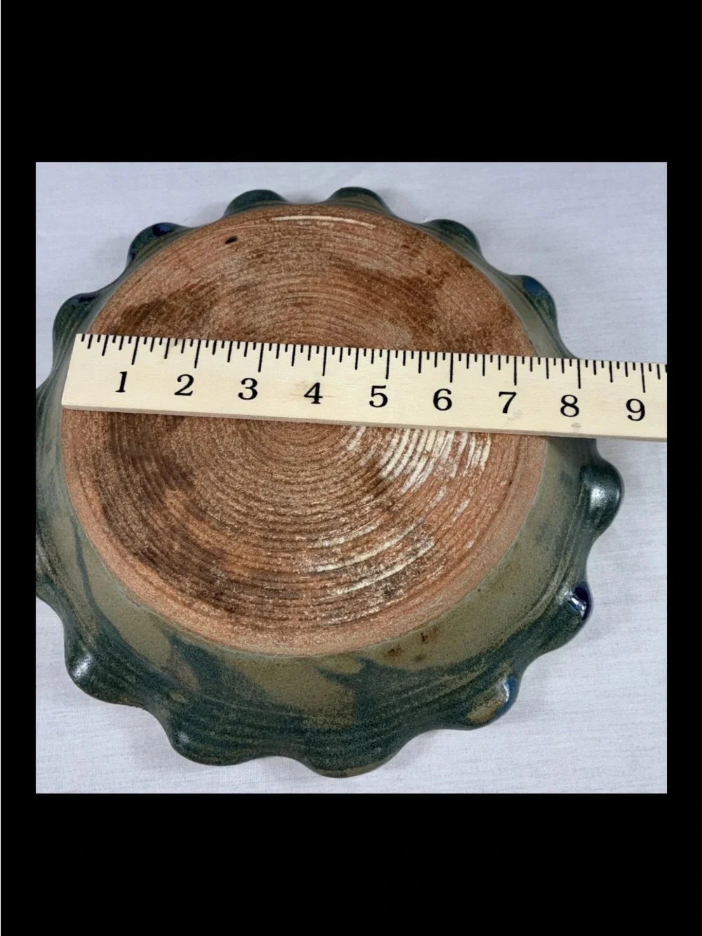 Vintage Studio Pottery Scalloped Stoneware Pie Dish Blue Glaze Signed 10 1/2”w